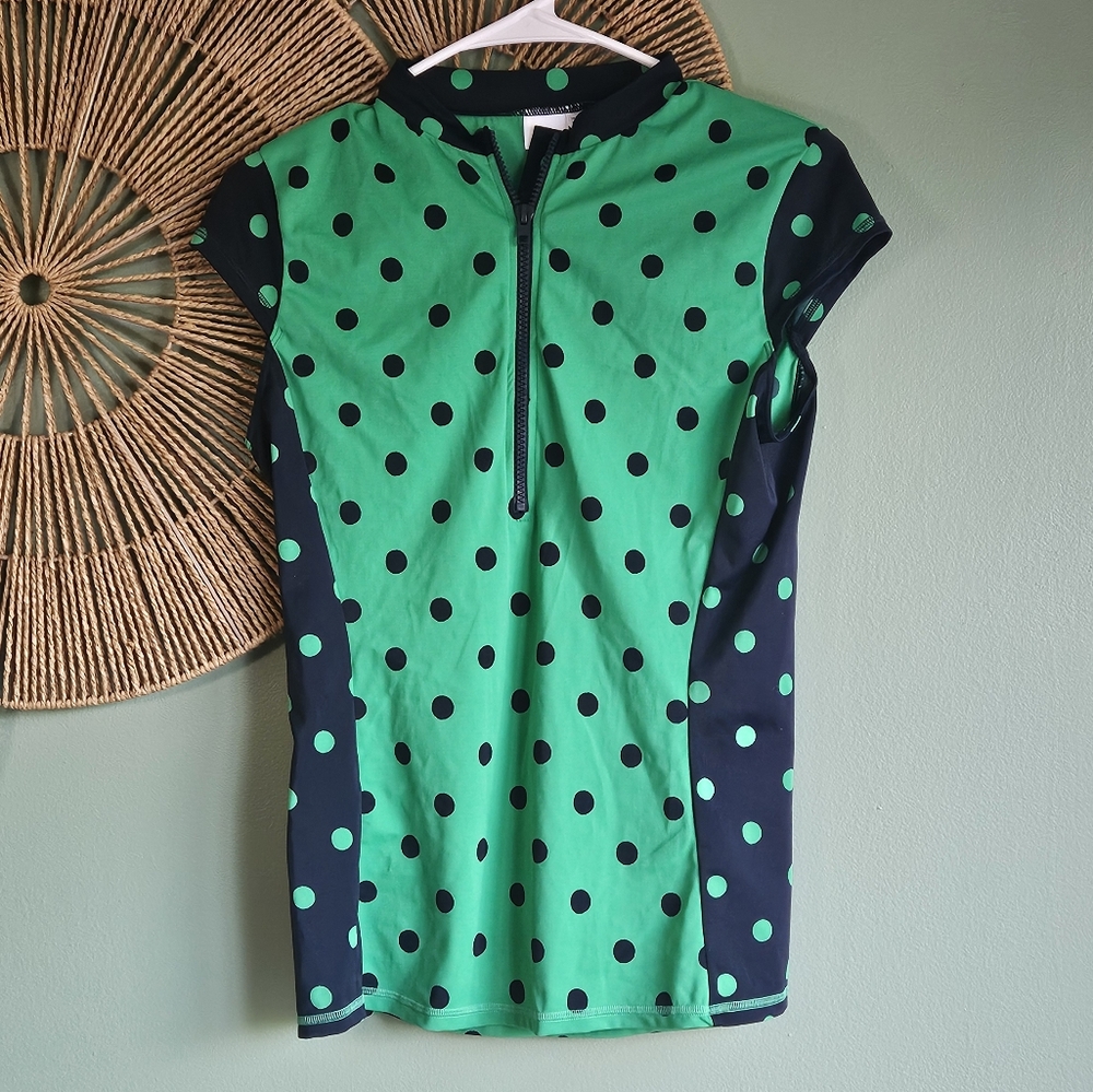 Boden Polka Dotted Color Block Zippered Rash Guard